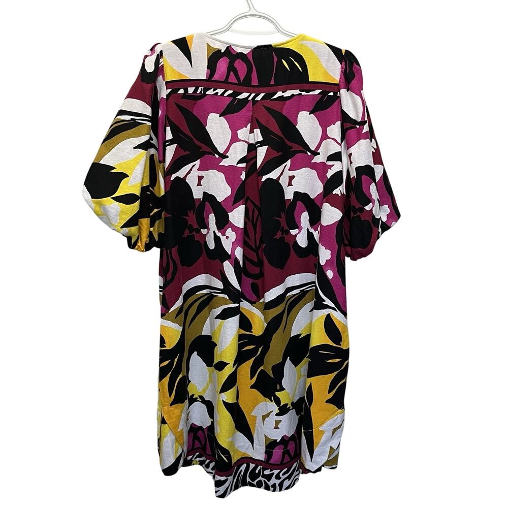 For Cynthia | Linen Yellow Pink Midi Tiered Drop Waist Dress Medium Puff Sleeve - Picture 5 of 5